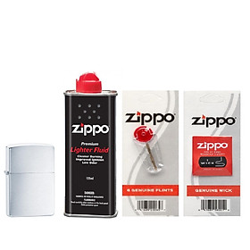 Combo 4 sản phẩm : Bật lửa Zippo Armor Brushed Chrome 162+Xăng+Đá+Bấc