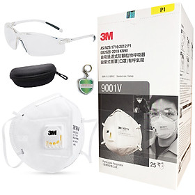 Mua Bộ bảo vệ hệ hô hấp chống bụi: 1 Hộp khẩu trang 3M 9001V chống bụi siêu mịn PM2.5 có van thở  màu trắng  thời trang và 1 bộ kính Honeywell A700 trắng  tặng móc khóa