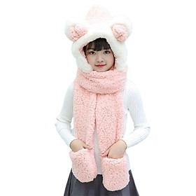 Cho Bé 3 Trong 1 Ấm Sang Trọng Mùa Đông Nón Dễ Thương Nơ Tai Gấu Trẻ Em Khăn Mitten Găng Tay Có Túi Earflap Áo Hoodie mũ Lưỡi Trai - Light Pink