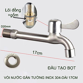 Vòi nước lạnh bằng inox 304 gắn tường thân dài 17cm, đầu tạo bọt hoặc gắn máy giặt tùy chọn (DN15 lắp cho ống D21)