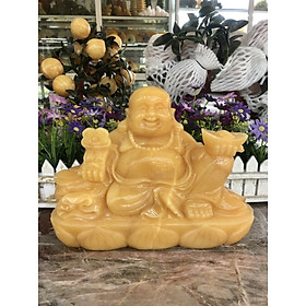 Mua Tượng Phật Di Lặc ngồi tựa bao tiền cầm thỏi vàng phong thủy đá ngọc hoàng long - Dài 30 cm