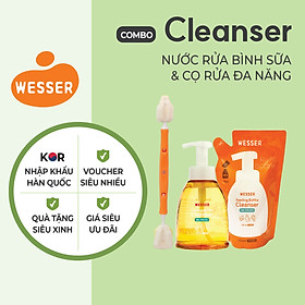Combo nước rửa bình sữa + Dụng cụ vệ sinh bình sữa đa năng Wesser