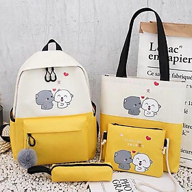 Combo bộ bốn balo thời trang ( 1 balo + 1 túi tote+ túi đeo chéo nhỏ + 1 ví đựng bút ) quai đeo bản to mềm mịn chắc chắn phối màu in hình thú cưng cục dễ thương ( sản phảm không bao gồm cục bông) YNBL08