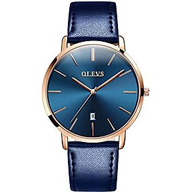 OLEVS Minimalist New Men's Ultra Thin Retro Yellow/Brown/Black/Deep Blue PU Leather Band Quartz Wrist Watches, Waterproof & Calendar Window Father's Day Gifts