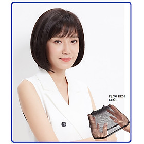 Tóc giả nữ nguyên đầu hàn quốc, kiểu ngắn, mái thưa tặng kèm lưới trùm tóc, giống hình 90%, tóc tơ nhân tạo chịu nhiệt
