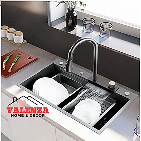 Mua Bồn chậu rửa chén bát 1 hố lớn nano đen Valenza kèm vòi liền thác nước + vòi rút dây 3 chế độ  2 khay phụ inox  thớt gỗ  bộ xả to-Hàng chính hãng