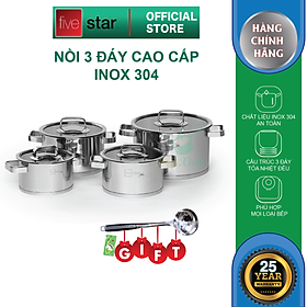 Mua Bộ 4 nồi 3 đáy inox 304 FiveStar Plus quai vuông nắp kính-sử dụng bếp từ ( tặng 1 vá canh )