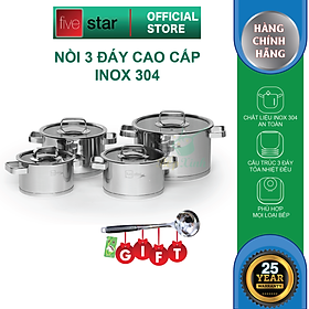 Bộ 4 nồi 3 đáy inox 304 FiveStar Plus quai vuông nắp kính-sử dụng bếp từ