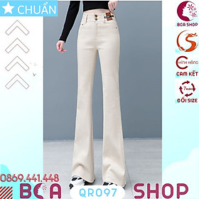Quần jean nữ ống loe QRO97 ROSATA tại BCASHOP dáng dài thêu hoa, lưng cao 2 nút, phom chuẩn, chất liệu jean - MÀU KEM