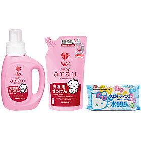 Combo Nước Giặt Arau Baby Bình 800ml + Túi 720ml - Tặng Gói Giấy Ướt LEC 99,9% Nước Tinh Khiết Hello Kitty SS-237 80 Tờ