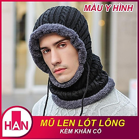 Mũ len nam nữ lót lông liền khăn cổ siêu ấm mùa đông rét đậm - Mu len lot long trum co