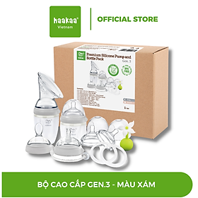 Bộ sản phẩm cao cấp Gen.3 Haakaa. Chất liệu silicone cao cấp, an toàn. Không chứa BPA, PVC và phthalate. Hỗ trợ bé từ khi chào đời đến 3 tuổi