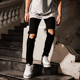 Quần Jeans Skinny Đen Rách To Ngang Gối