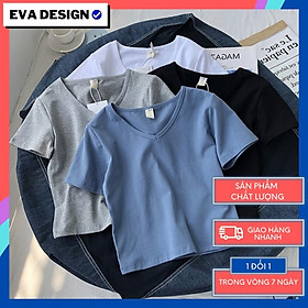 Áo thun nữ trơn dáng croptop Eva design, áo phông nữ vải thun co giãn 4 chiều cổ V - Đen - XL