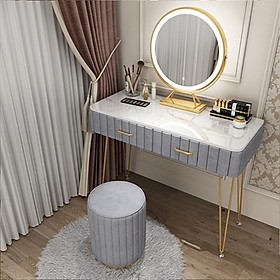 Bàn Trang Điểm Có Gương Đèn Led Mặt Đá Bọc Nỉ Nhung Cao Cấp 1M - Bàn Phấn Đơn Giản Kèm Ghế Đôn Tròn Màu Hông Xám Decor Đẹp