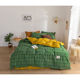 Bộ chăn ga gối cotton tici kẻ LIDACO cao cấp Nhiều mẫu lựa chọn - Kẻ ô Xanh lá - 1m8x2m-Nệm dày 21-25cm