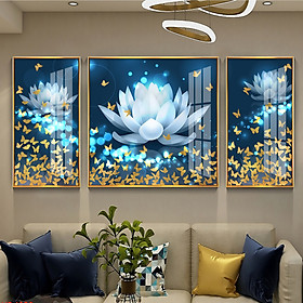 Mua Tranh Canvas Treo Tường Hiện Đại _ Tranh Bộ 3 Hoa Sen Và Bướm Nghệ Thuật