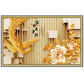 Tranh dán tường chim Phượng Hoàng bên hoa mẫu đơn Lunawall-0094K2