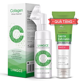 Collagen Rửa Mặt Cọ Massage Trắng Da 120ml Hộp Xanh TẶNG Tẩy Tế Bào Chết Da Mặt Trà Xanh 100ml LANGCE