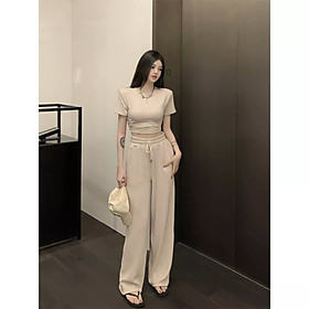 Bộ Áo Croptop Cộc Tay Nữ Khoét Lưng Kèm Quần Culottes Ống Rộng Vải Gân Xốp 3 Màu Siêu Xinh