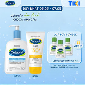 Combo Sữa rửa mặt CETAPHIL GENTLE SKIN CLEANSER 500ML + Gel chống nắng cho da nhạy cảm Cetaphil Sun SPF 50+ Light Gel