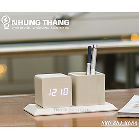 Hình ảnh Đồng Hồ Gỗ Led Để Bàn Hình Vuông Bằng DH-96 - Kiêm Ống Đựng Bút - 4 Màu Thanh Lịch - Trang Trí Decor Vintage Căn Phòng - Tặng Pin