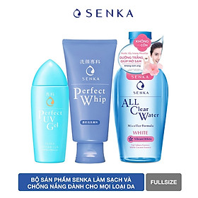 Bộ sản phẩm Senka làm sạch và chống nắng dành cho mọi loại da (Tẩy trang Senka White 230ml + Sữa Rửa Mặt Senka Whip 120g + Gel chống nắng Senka UV Gel 80ml)