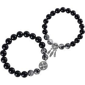 Vòng tay đôi đá Obsidian phối thạch anh tóc đen và charm bạc mệnh thủy, mộc - Ngọc Quý Gemstones