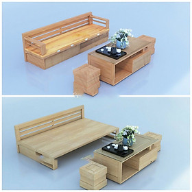 Bộ sofa giường gỗ sồi mặt liền màu gõ