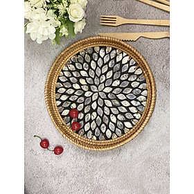 Khay mây tre đan khảm trai hình tròn cao cấp, đựng đồ đa năng hàng thủ công xuất khẩu Decor trang trí nhà Bemiao Shop