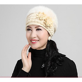 Mũ len lông thỏ gắn hoa đôi cao cấp mũ nón len thời trang cho mẹ