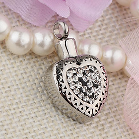 Rhinestone Love Heart Cremation Keepsake Urn Pendant Stainless Steel