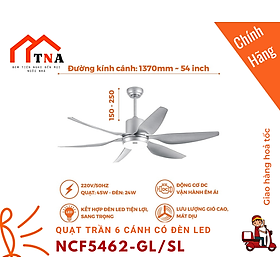 Mua Quạt trần 6 cánh - Đèn LED có remote Nanoco model NCF5462-GL/SL/PL (Công suất 69W  Động cơ DC) - Hàng chính hãng