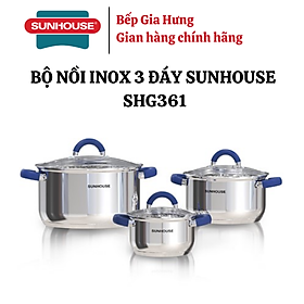 Bộ nồi inox 3 đáy Sunhouse SHG361 quai xanh - Hàng chính hãng