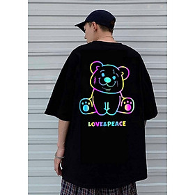 Áo thun tay lỡ phản quang phông Unisex nam nữ Cotton oversize đến 75Kg form rộng hình gấu Love & Peace