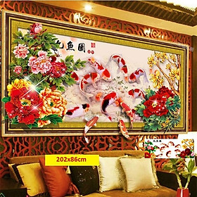 Mua Tranh đính đá cá chép hoa mẫu đơn Cửu ngư quần hội khổ lớn 202x86cm giá sốc