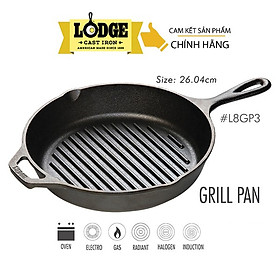 [Chính hãng LOGDE - MỸ] Chảo gang nướng Lodge tay cầm có rãnh lưới đáy chảo, tròn 26cm - L8GP3. Chảo dùng nướng, chiên, xào, áp chảo