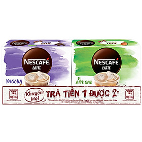 Combo Nescafé Latte vị hạnh nhân và cà phê hòa tan Nescafé Latte vị sô cô la (Hộp 10 gói x 24g)