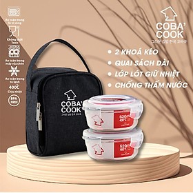 Bộ hộp đựng cơm thủy tinh chịu nhiệt hộp trữ thức ăn COBA'COOK 2 hộp tròn 640ml và 1 túi giữ nhiệt - CCR62BS