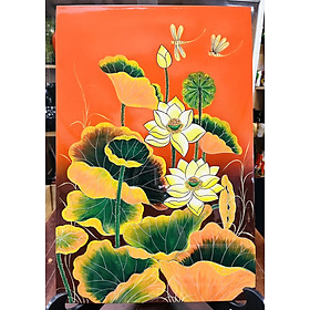 Tranh sơn mài hoa sen cao cấp Thanh Bình Lê size 40x60 cm hàng xuất khẩu đắp nổi dày dặn