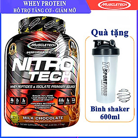 Combo Sữa tăng cơ cao cấp Whey Protein Nitro Tech của MuscleTech hương Chocolate hộp 40 lần dùng 4 LBS hỗ trợ tăng cơ, giảm cân, đốt mỡ cho người tập GYM & Bình lắc 600 ml (Màu Ngẫu Nhiên)
