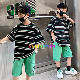 Bộ thun bé trai ngắn tay thun cotton xịn mát áo sọc quần ngắn phong cách năng động hiphop cho bé 10-52kg-BBT92