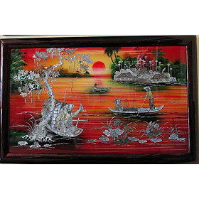 Mua Tranh Sơn Mài - Ngư ông câu cá - Cẩn Ốc Đẹp - Tài Lộc - May Mắn - Tân Gia - Khai Trương  kích thước 70x110 cm