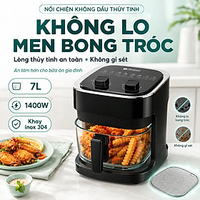 Nồi chiên không dầu thủy tinh Mishio MK373 - Dung tích 7 lít lòng nồi không bong tróc gỉ sét - Hàng chính hãng