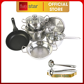 Mua Bộ nồi chảo xửng hấp 3 Đáy Inox 430 cao cấp Fivestar Standard 6 món bếp từ nắp kính   tặng 2 vá canh