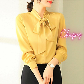 Áo Sơ Mi Kiểu Công Sở Đẹp CHIPY Tay Dài Cổ Thắt Nơ Vàng Chất Lụa Cao Cấp From Rộng Hàn Quốc Ulzzang Vintage A1V