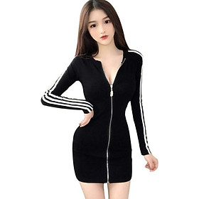 Women Sexy Zipper Slim Dress Women Fashion Striped Stitching Long-sleeved Dress Autumn Sexy Dresses