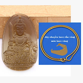 Mặt Phật Văn thù đá obsidian ( thạch anh khói ) 5 cm kèm dây chuyền inox rắn vàng - mặt dây chuyền size lớn - size L, Mặt Phật bản mệnh