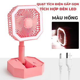 Quạt Mini Tích Điện Gấp Gọn Để Bàn Siêu Mát Tích Hợp Đèn Led Xoay 180 Độ, Sạc USB - Màu Hồng