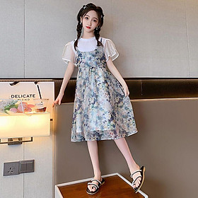 DONGSHOP Cô gái chiffon đầm mùa hè 2023 tây phiên bản Hàn Quốc mùa hè trung bình thời trang giả hai mảnh hoa đầm